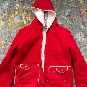 Vintage Old Navy Red Women’s Hoodie with Sherpa Lining and Amazing Pocket Detail